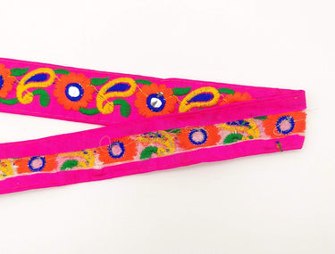 Fuchsia Pink Floral Mirrored Trim With Orange Flowers And Yellow Paisley Embroidery, Decorative Trimming, Trim By 3 Yards